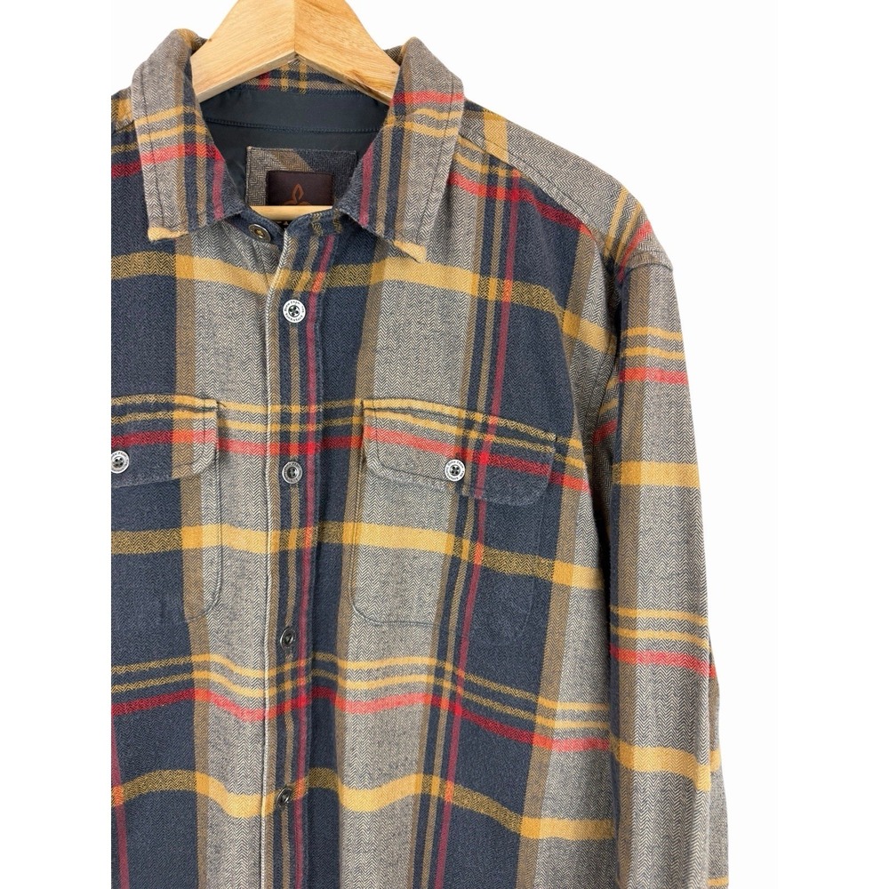 prAna Lybek Long Sleeve Organic Flannel Men's Size L LRG Brown Plaid 100% Cotton